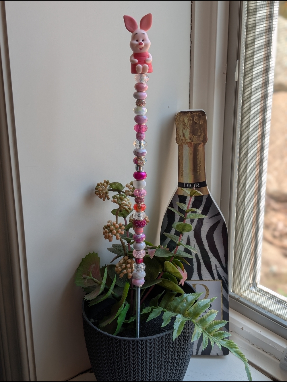 Hand Made Beaded Fairy Wand/Plant/Garden Stake W/Piglet Topper